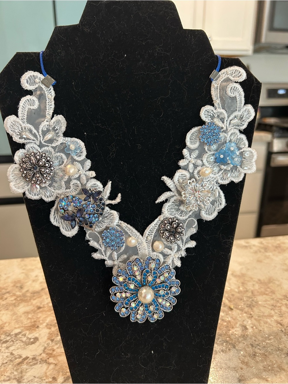 Blue Floral Statement Lace Necklace with Brooches, pearls and crystal buttons